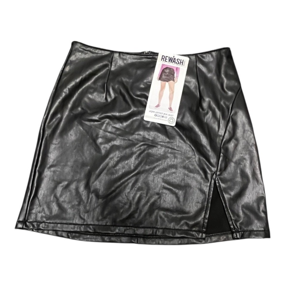 Rewash Brand Vegan Leather Mini Skirt Black Front Slit Size S NEW